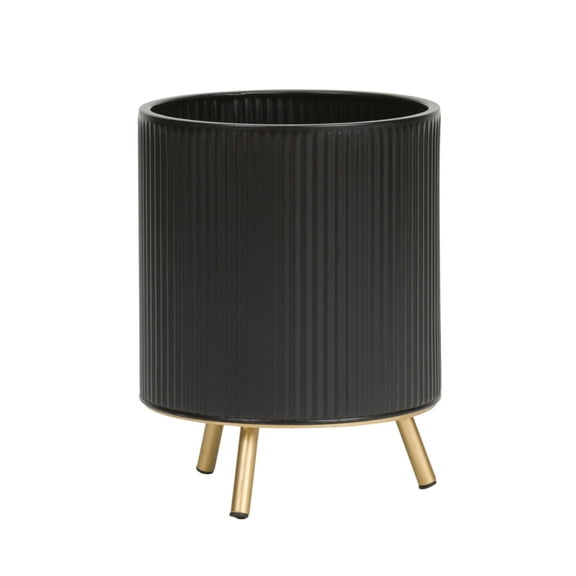 Everett Black Mid-Century Modern Indoor Metal Pot Planter with 3-Leg Metal Base - 10.5" H x 8" W