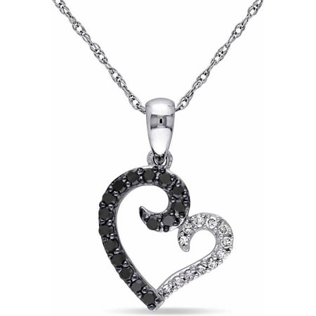 1/4 Carat T.W. Black and White Diamond 10kt White Gold Heart Pendant, 17