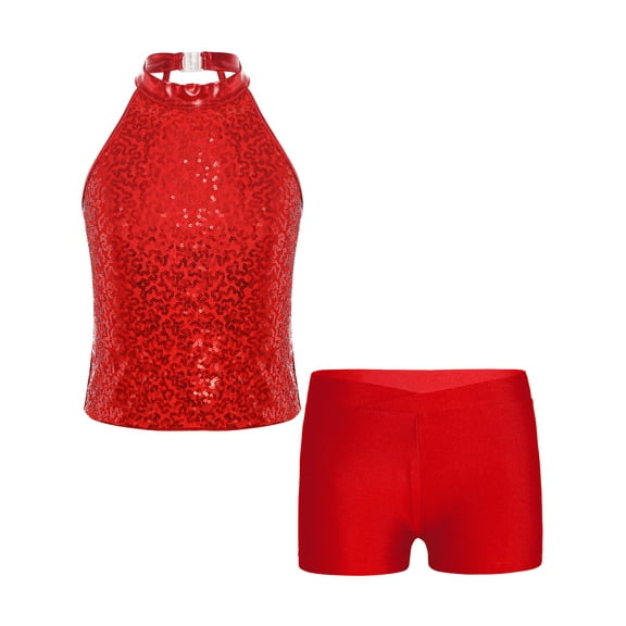 Doomiva Kids Girls Sleeveless Halter Sequins Ballet Dance Crop Top with Gymnastics Athletic Shorts Set Tracksuit A Red 14
