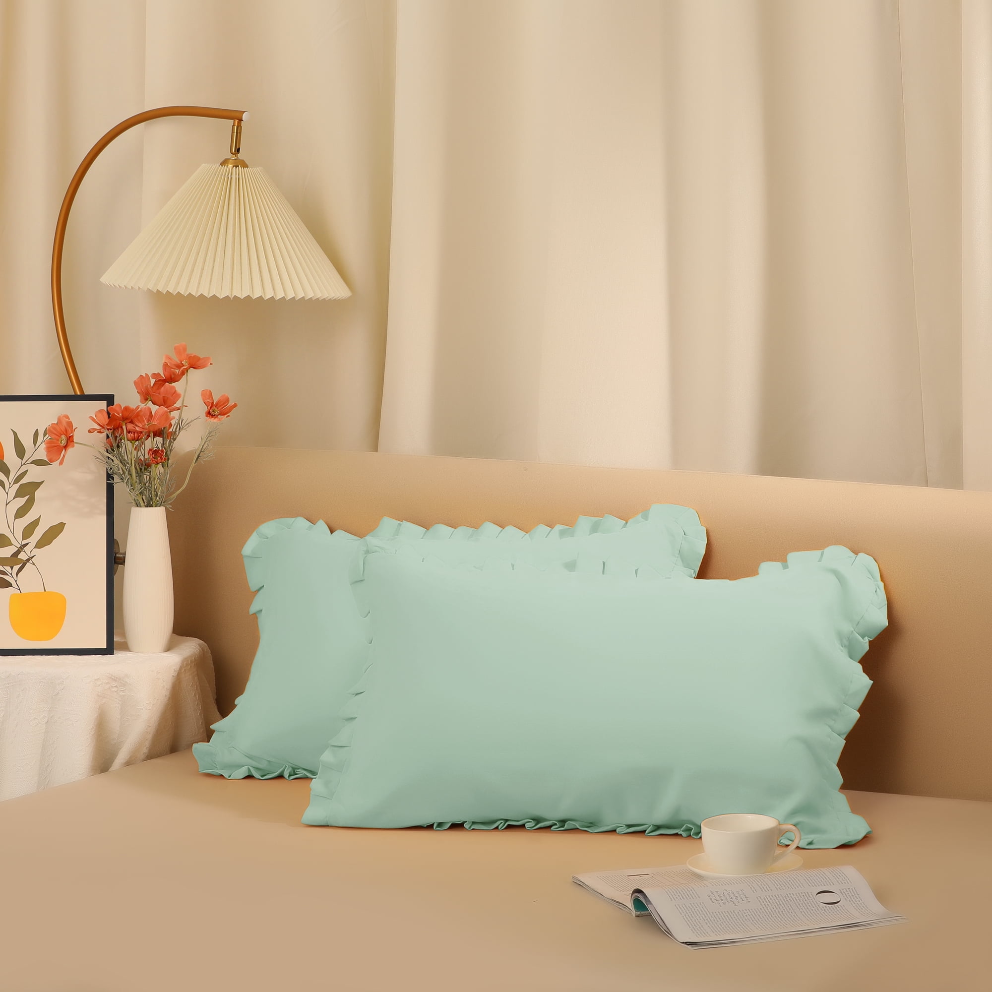 Unique Bargains Pack of 2 Ruffled Edge Ruffled Envelope Closure Pillow Shams Green Queen