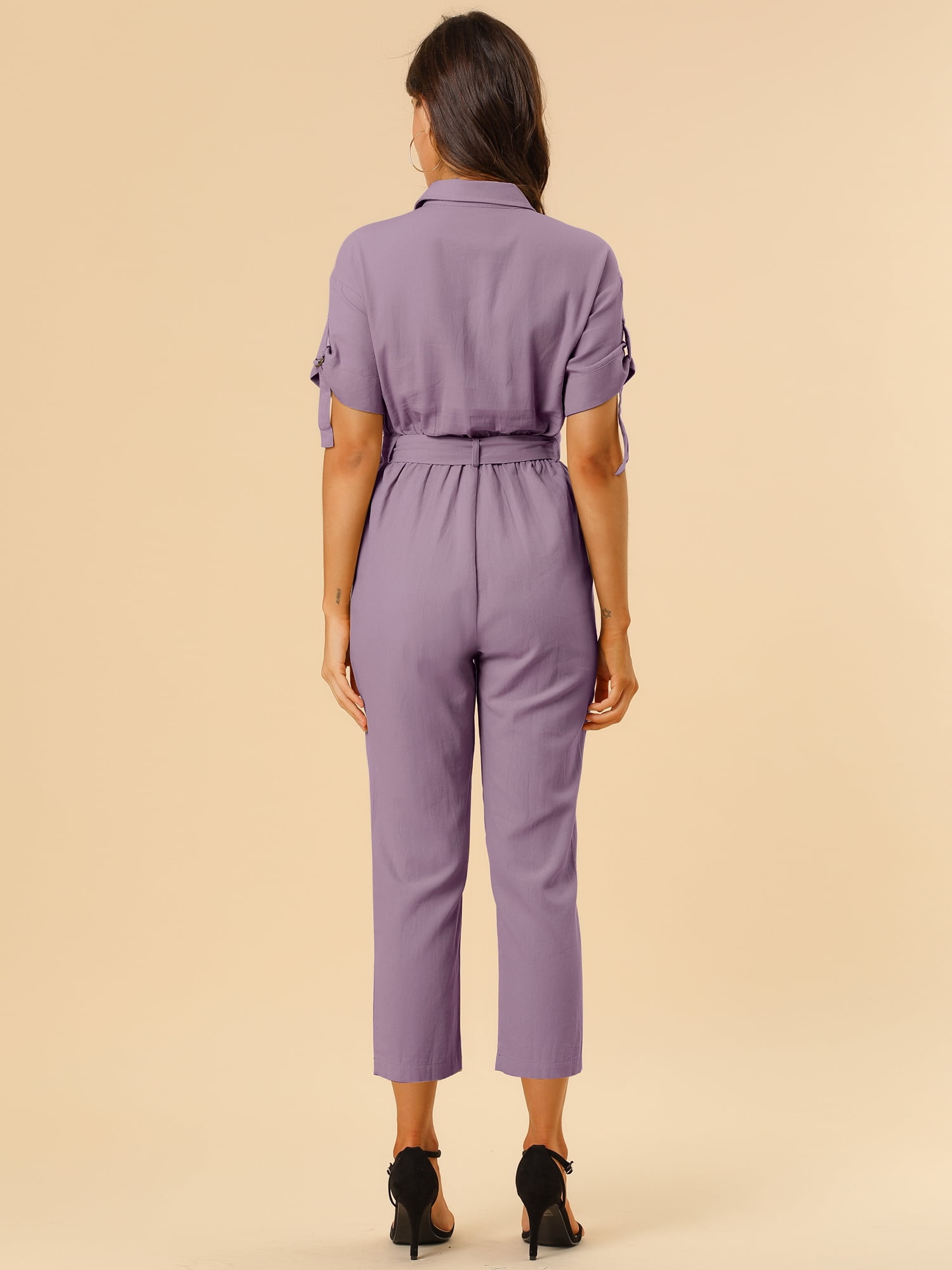 DARING DIVA Women's Button Up Tie Waist Jumpsuit with Pockets XS Dusty Purple