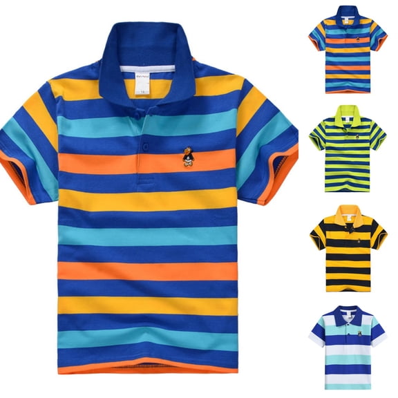 Boys Golf Shirts Short Sleeve Striped Polo Shirt Colorful Collared Casual Tops for Kids School Uniform Daily Wear 5-14Y Blue 100