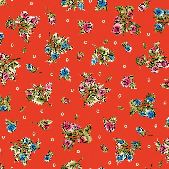 44 x 36 Red and Blue Roses on Red Maywood Studio 100% Cotton Floral
