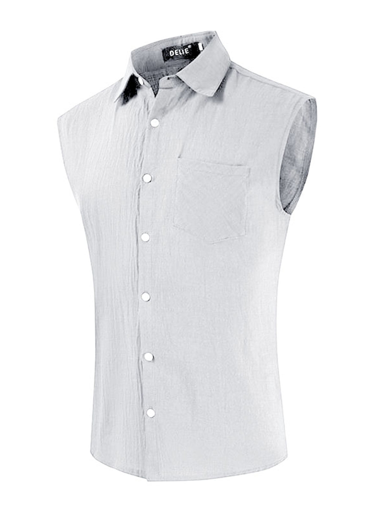 Bbalizko Mens Sleeveless Button Down Shirts Linen Cotton Summer Beach Basic Tank T-Shirt Tops 