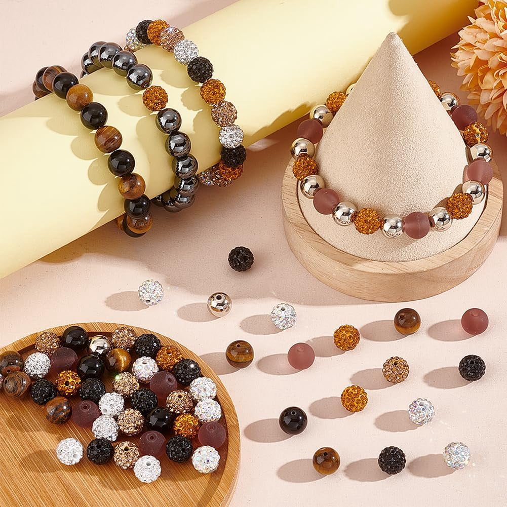 200pcs Black Brown Gold White Beads for Fall Boho Bracelet 10mm Gemstone Rhinestone Round Glass Pave Disco Ball Clay Beads for Jewelry Making 10 Styles Mixed Color