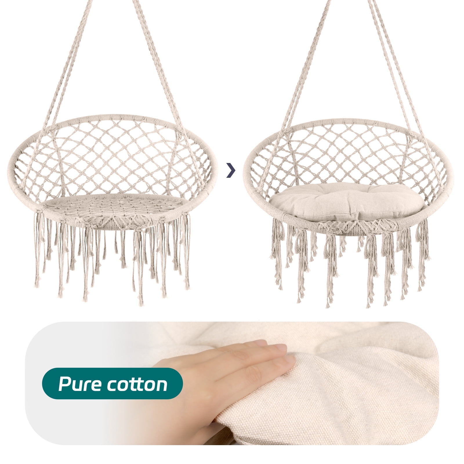 Hanging Cotton Kits Chair Rope Swing, Macrame Hammock - Hand-Woven Rope, Steel Spreader Bar Anti-Slip Rings, Cream White, Soft, Easy Assembly, Comfortable, for Home Patio