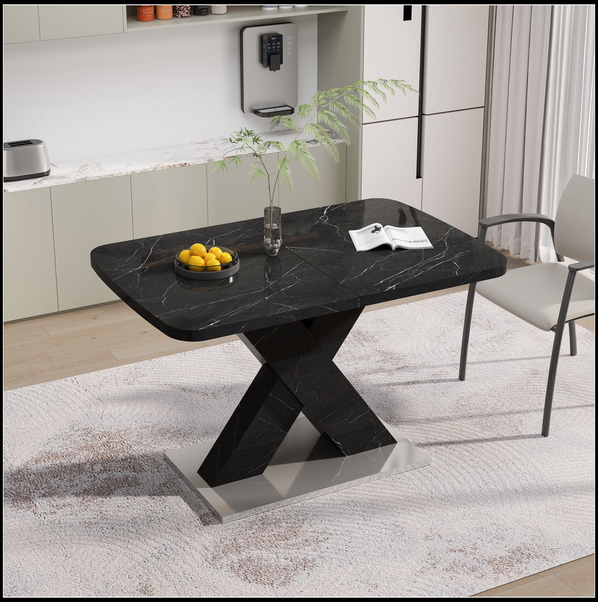 Modern Square Dining Table,Stretchable,Printed Black Marble Table Top+MDF X-Shape Table Leg with Metal Base