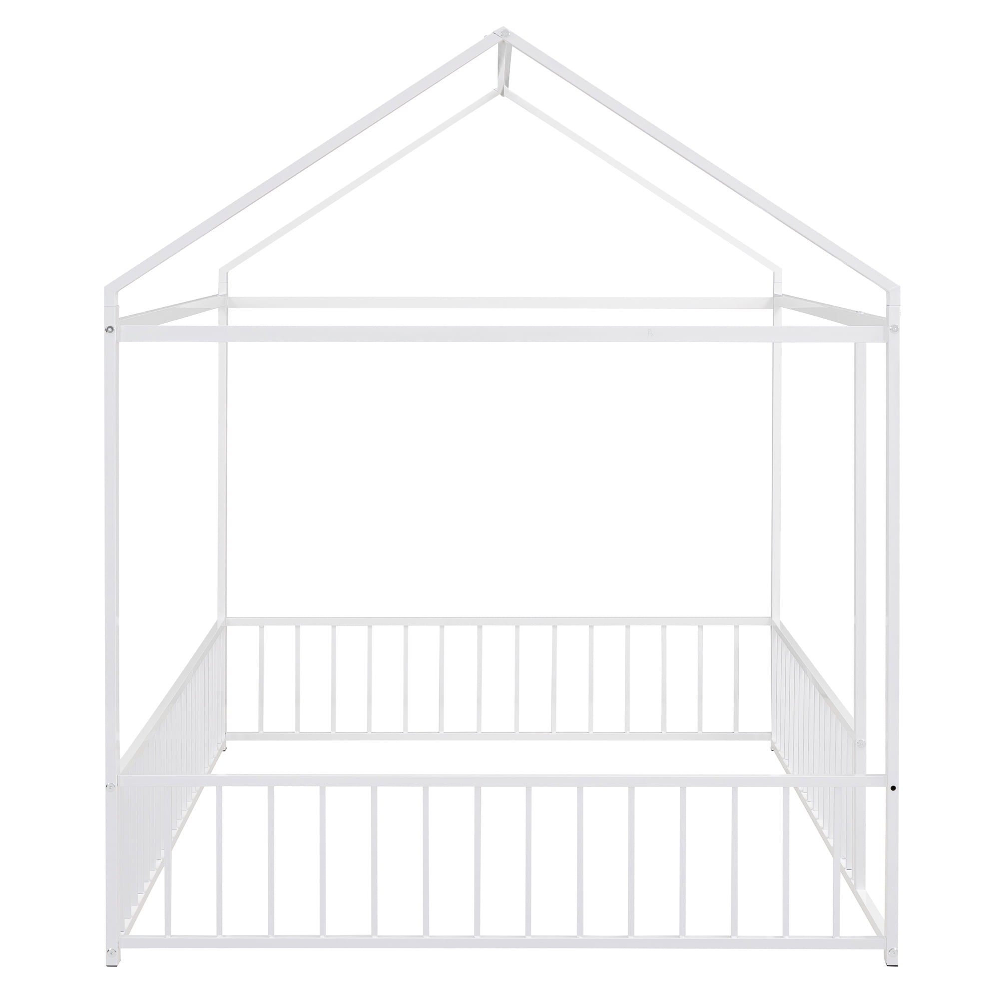 Full Size Metal House Bed Frame with Rails, Montessori Floor Bed without Slats (White)