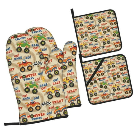 

Haiem Animal Truck Print Extra Long Oven Mitts and Pot Holders 4pc Sets: Heat Resistant Silicone Oven Mittens with Mini Oven Gloves and Hot Pads Potholders