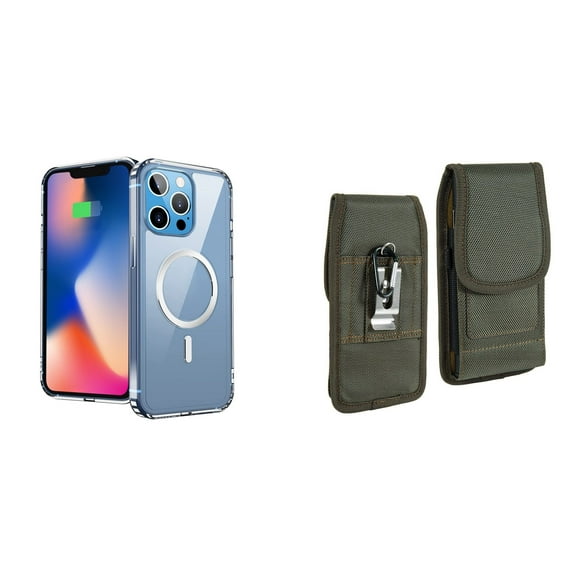 Ultra Clear Case (MagSafe Compatible) and Belt Holster Pouch for Apple iPhone 14 Pro Max (Black/Green)