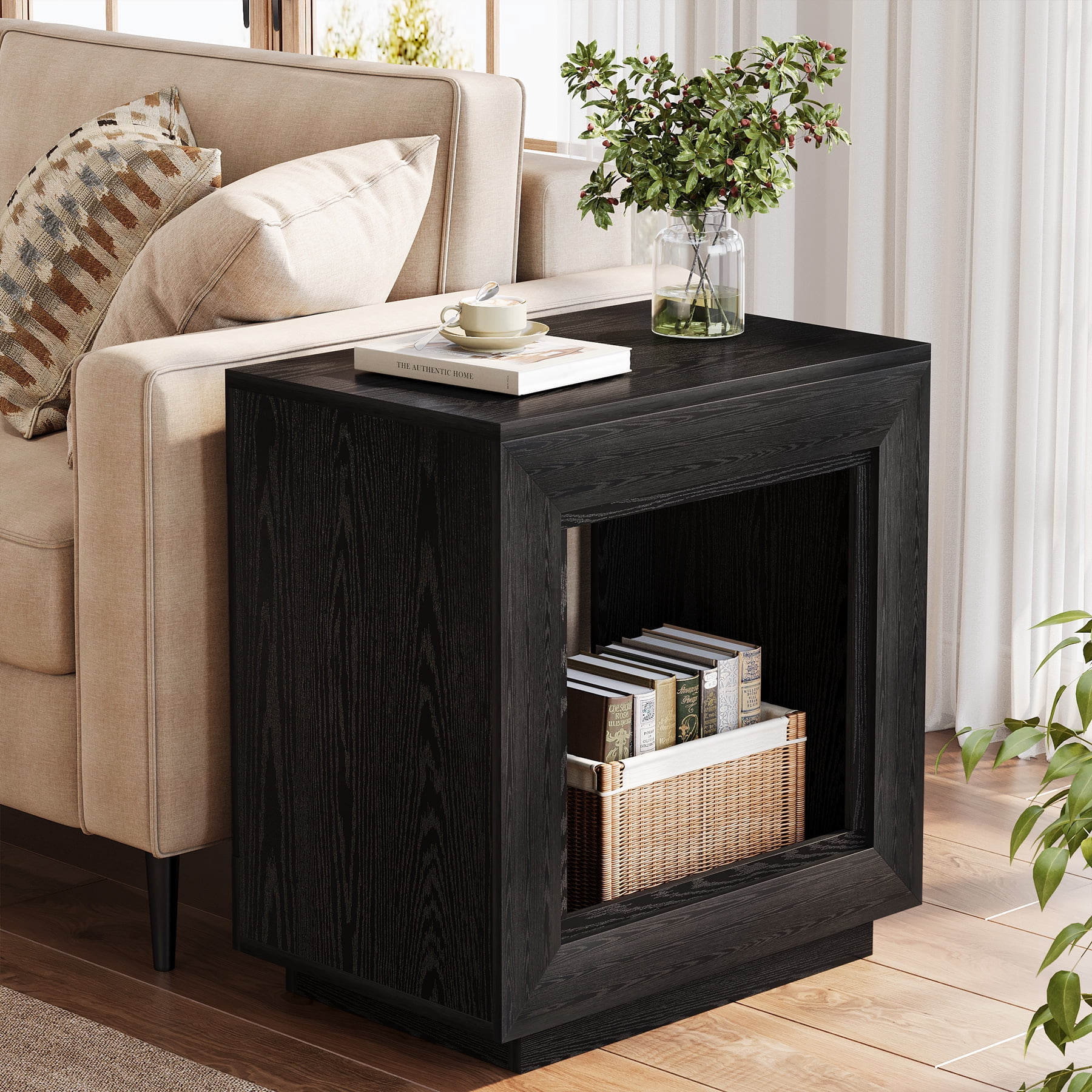 Fnova End Table Farmhouse Square Side Table with Storage, Wooden Sofa Table with Central Hollow Design, Modern Bedside Table, Easy Assembly, for Living Room, Bedroom, Nightstand, Black