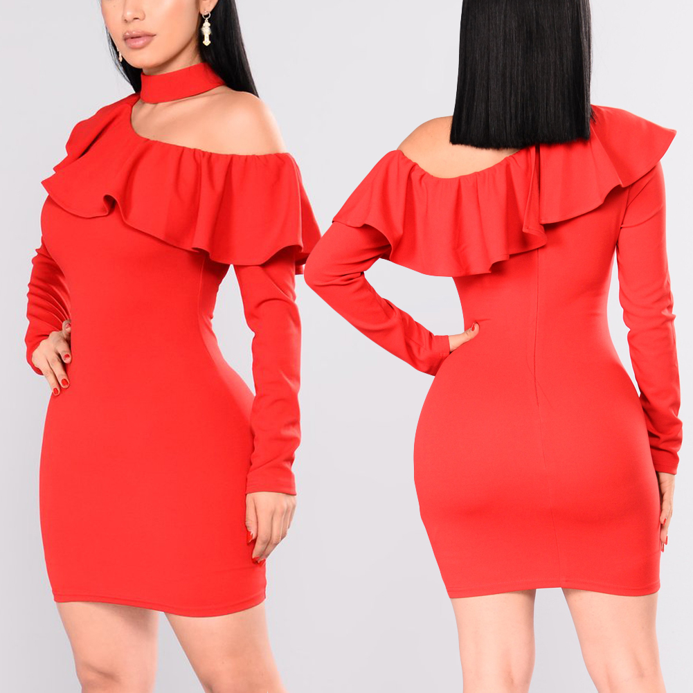 Women Bodycon Mini Dress Choker Neck Long Sleeves One Shoulder Ruffle