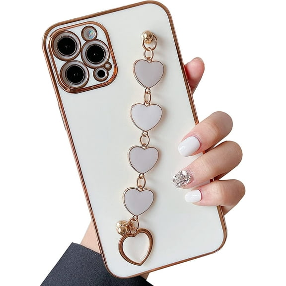 Case for iPhone 12 Pro Max, Love Heart Chain Wrist Bracelet Strap Cute Girls Case Soft Bumper Electroplated Design Silicone Shockproof Phone Cover for iPhone 12 Pro Max 6.7", White