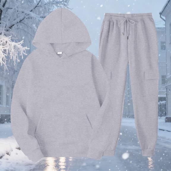 Costeam Womens Solid Hoodie Cargo Jogger 2 Piece Tracksuit Pullover Hooded Top with Kangaroo Pocket Drawstring Waist Multi Pocket Sweatpants Set Soft Fleece Active Loungewear Outfit