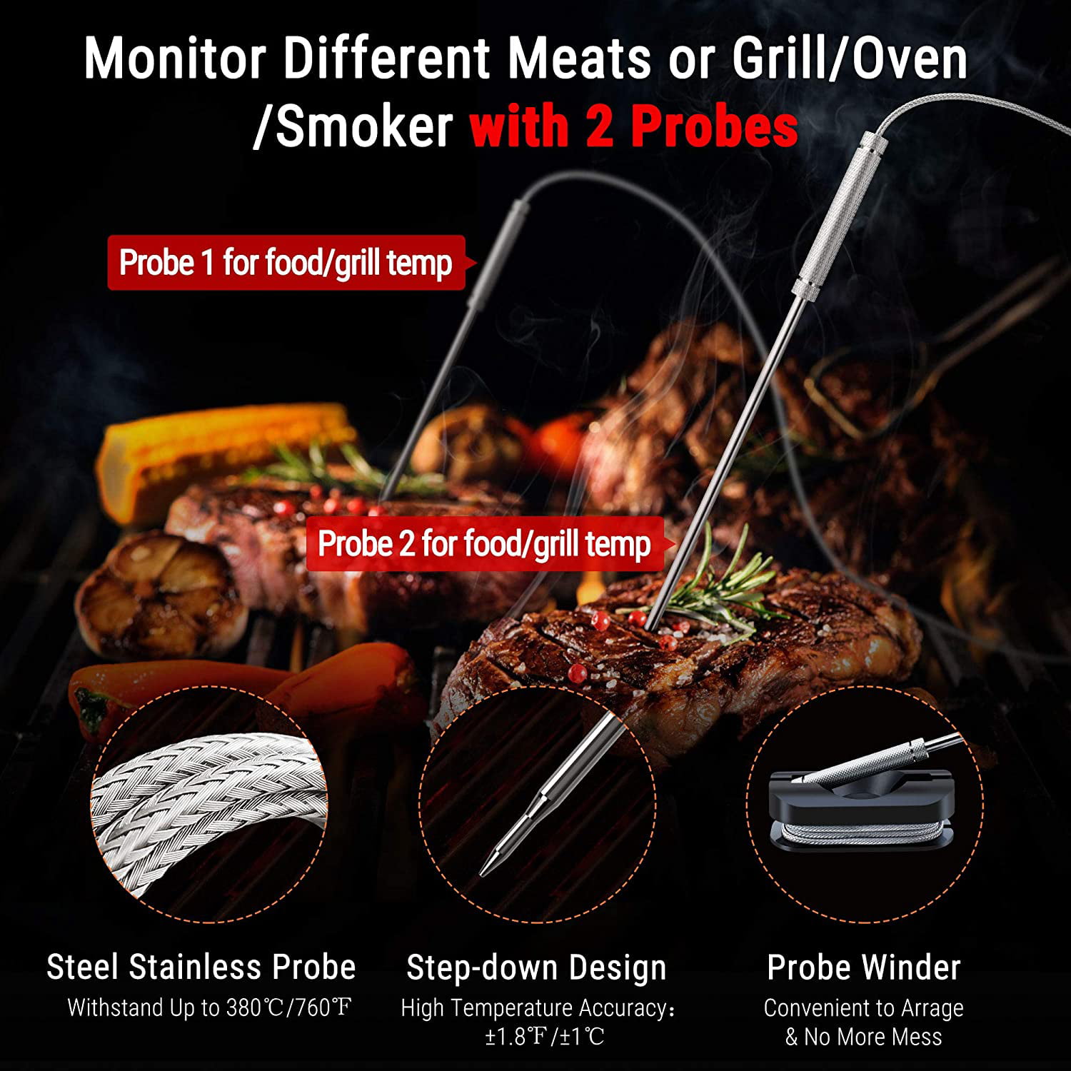 GCP Products Tp08B 500Ft Wireless Meat Thermometer For Grilling Smoker Bbq  Grill Oven Thermometer With Dual