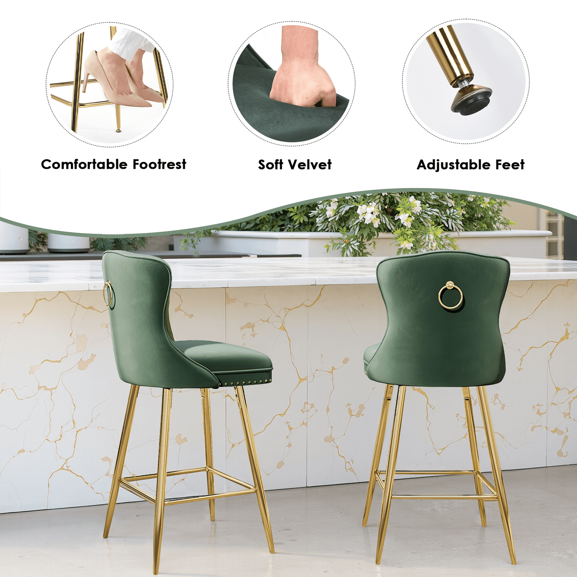 MAYEERTY Green Velvet Bar Stools Set of 2, Button-Tufted Wing-Back,Metal Legs for Kitchen Island & Pub