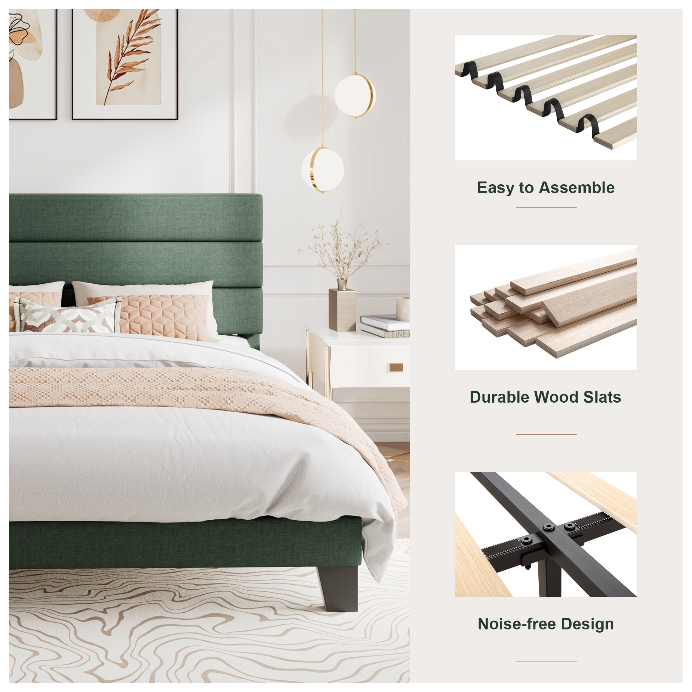 Amolife Full Bed Frame, Platform Bed Frame with Chenile Fabric Upholstered Slat Headboard, Green