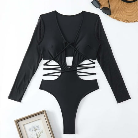 VgaVtl Strapless Bathing Suit Women One Piece Swimsuits for Women Bodysuit Vacation Cut-Out Solid Swimsuits Black M