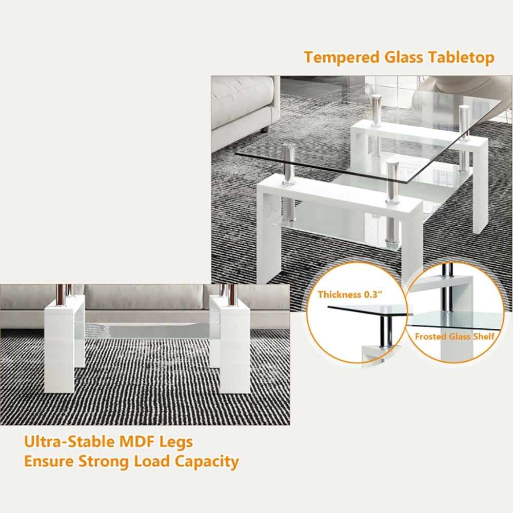 Finihen Glass Coffee Table, Rectangular Coffee Table, Rectangular Tempered Glass Coffee Table End Side Table with Shelf, for Living Room, Reception Room, White Finihen Glass Coffee Table, Rectangular Coffee Table, Rectangular Tempered Glass Coffee Table End Side Table with Shelf, for Living Room, Reception Room, White