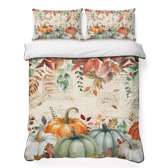 Twin Quilt Bedding Set, Thanksgiving Green White Pumpkins Soft Microfiber Summer Bedspread Coverlet with 2 Pillow Shams for All Season, Eucalyptus Leaves Breathable Bedding Set for Hot Sleepers