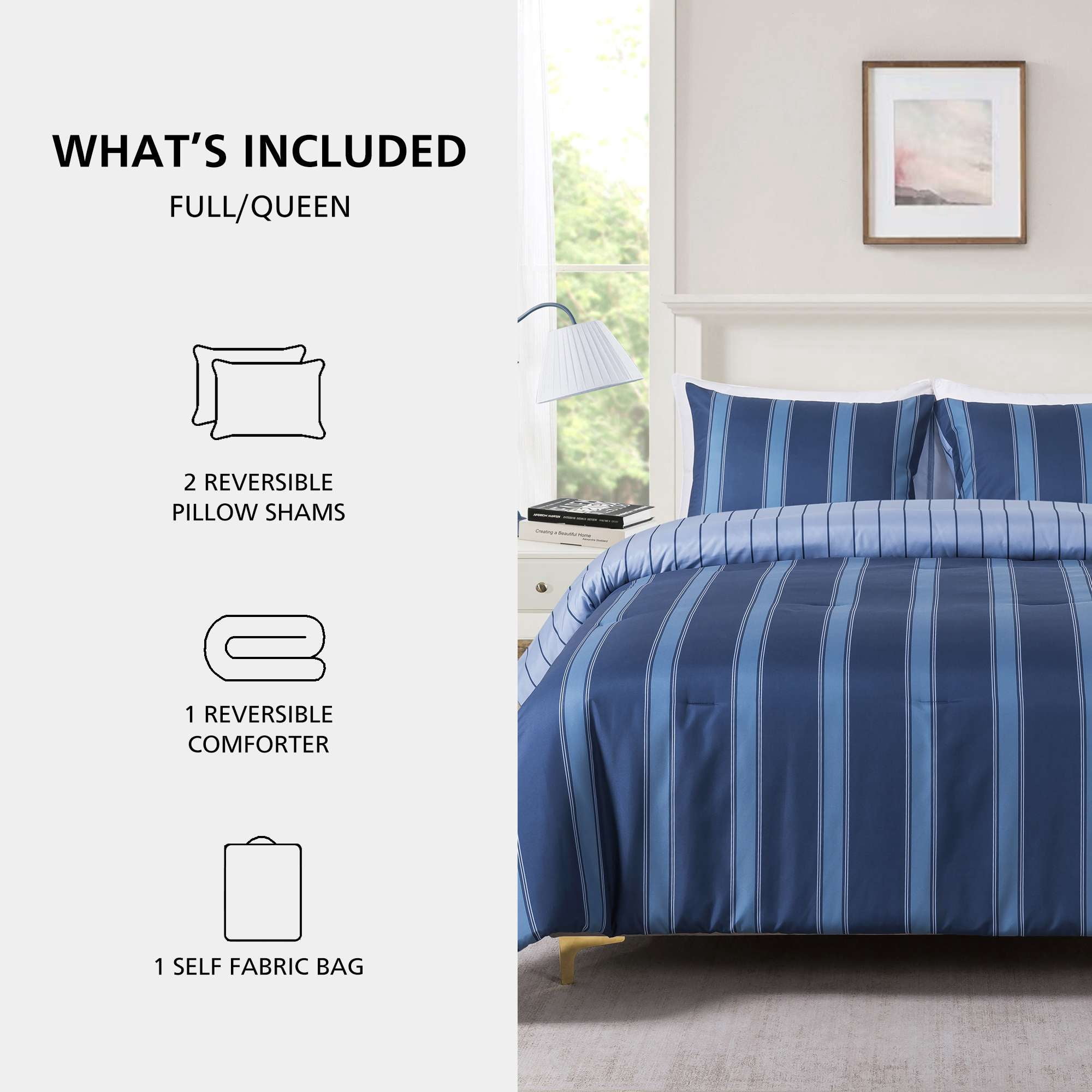 Mainstays Full/Queen Comforter Set, All-Season, 3-Piece, Blue Stripe
