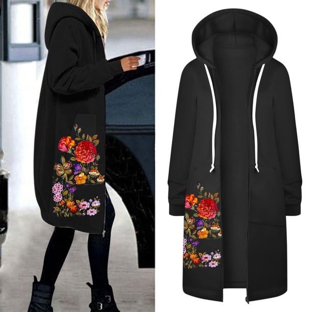 Sudaderas con capucha con cremallera y bolsillos florales informales para mujer, sudadera tipo túnica, chaqueta con capucha larga, sudaderas con capucha largas, abrigos Fridja po710