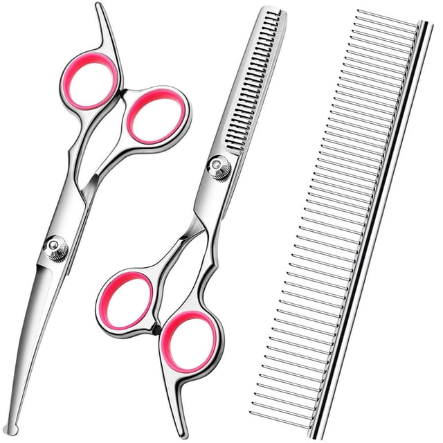 Dsseng Dog Grooming Scissors with Safety Round Tips Stainless Steel Professional Dog Grooming Kit - Thinning Curved Scissors and Comb for Dog Cat Pet