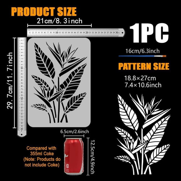 Bird of Paradise Flower Stencil with 1Pc Plastic Paint Brush 8.3x11.7inch Reusable Flower Leaves Painting Stencil Nature Plant Pattern Stencil for Painting on Wood Wall Furniture