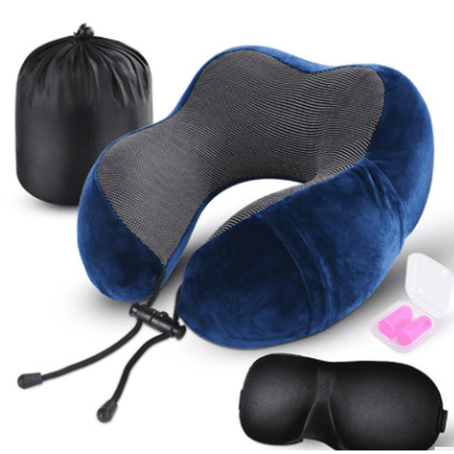 Almohada para el cuello en forma de U azul marino + bolsa de almacenamiento + tapones para los oídos + máscara para los ojos Xemadio YZY705-2