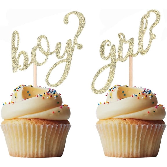 12pcs Glitter Gold Boy or Girl Cupcake Toppers for Gender Reveal Party Baby Shower Birthday Party Decorations - Boy or Girl - He or She