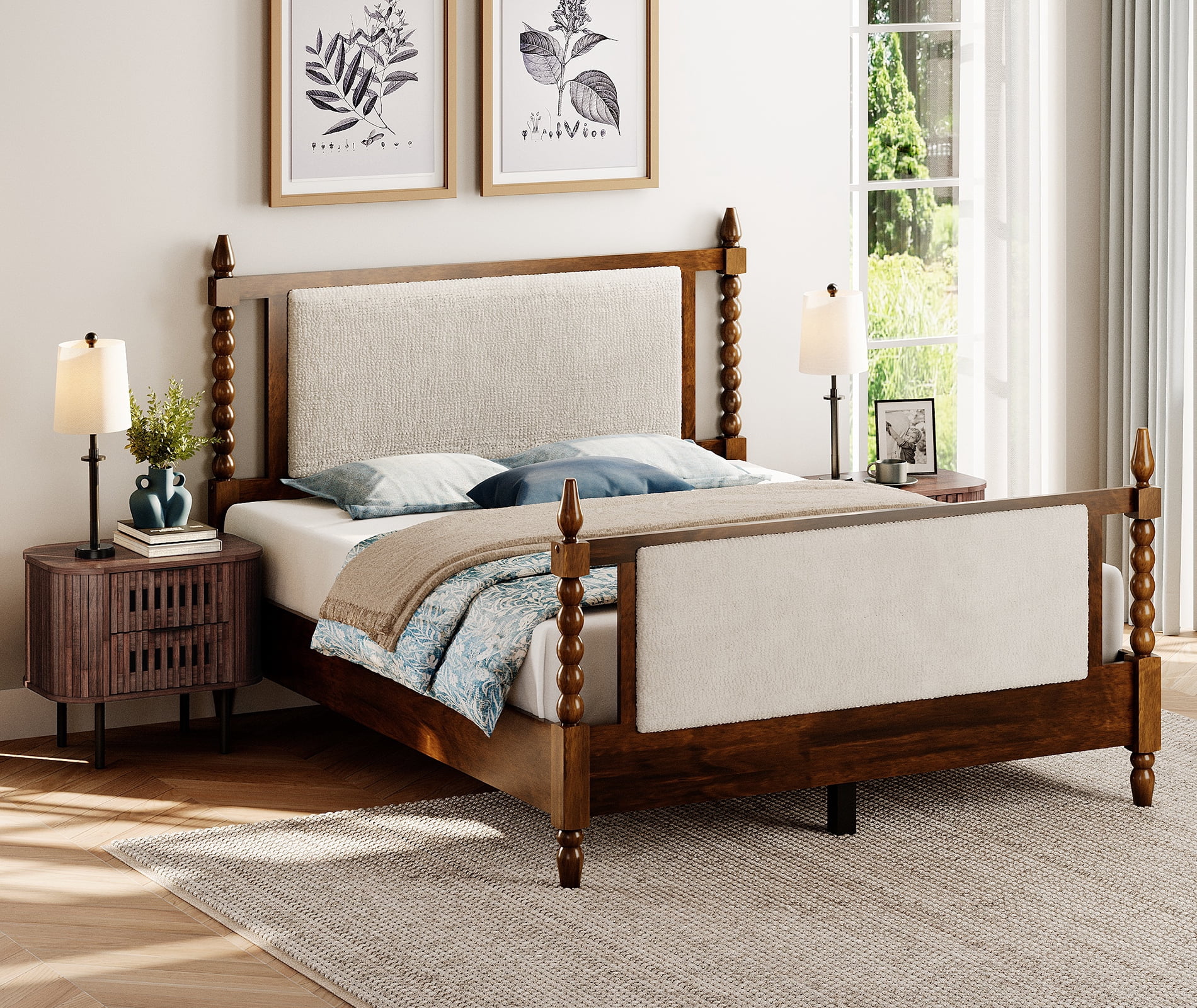 WAMPAT Set of 2 Fluted End Table with Storage, Modern Storage Nightstand with 2 Drawers for Living Room & Bedroom, Wooden Side Table, Walnut