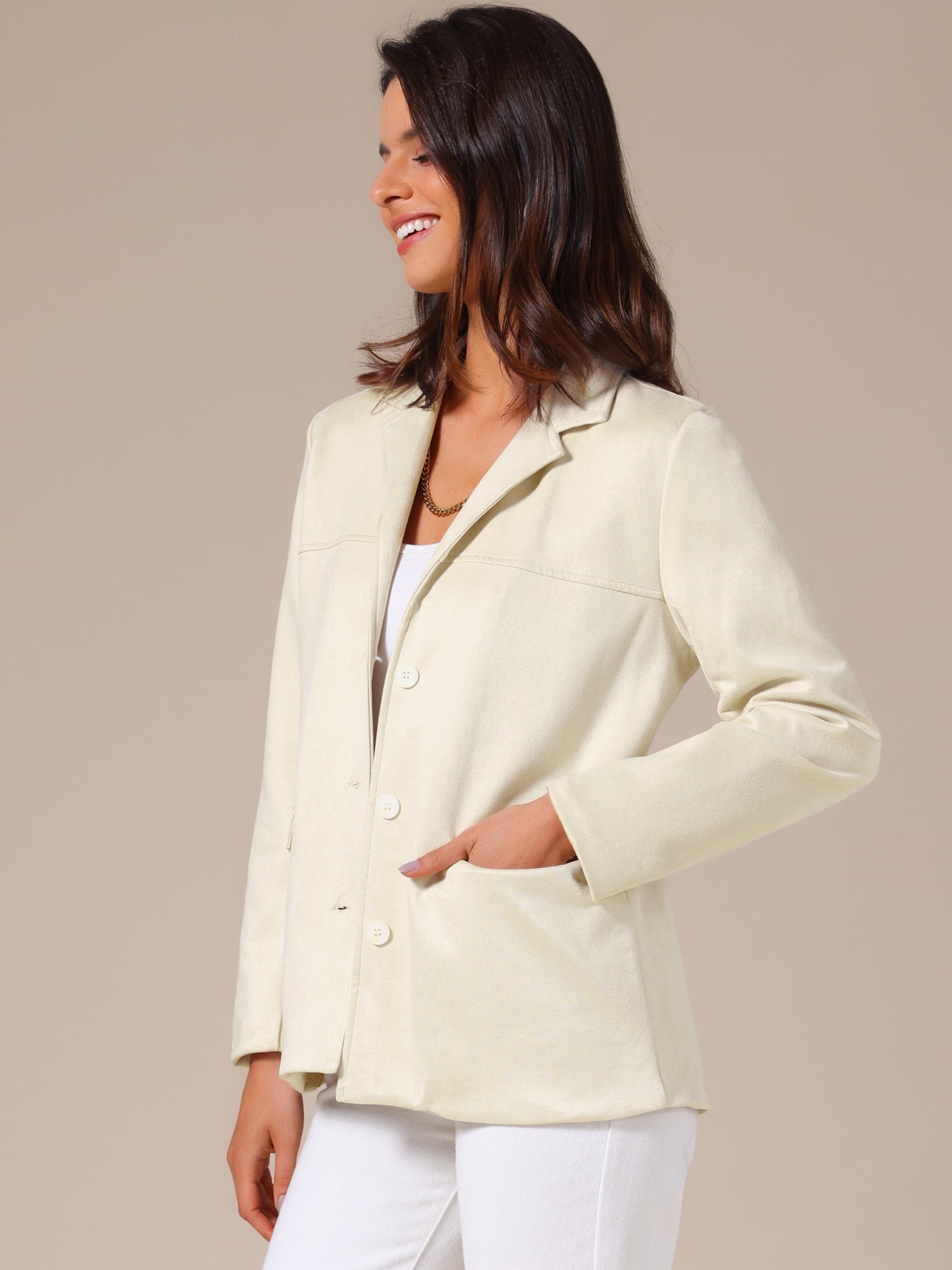 DARING DIVA Women's Faux Suede Lapel Open Front Long Sleeve Blazer Jacket M Khaki
