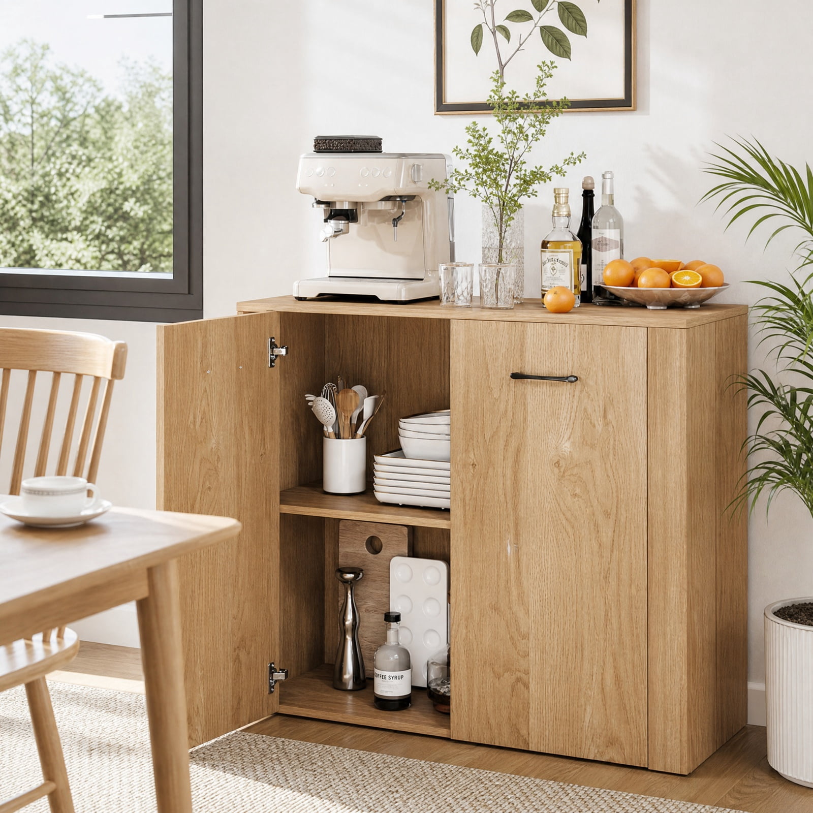 Furnibear 38 Inch Modern Sideboard Buffet Cabinet with 4 Cube Shelves and Storage Doors for Kitchen Dining Room Living Room Entryway, Natural