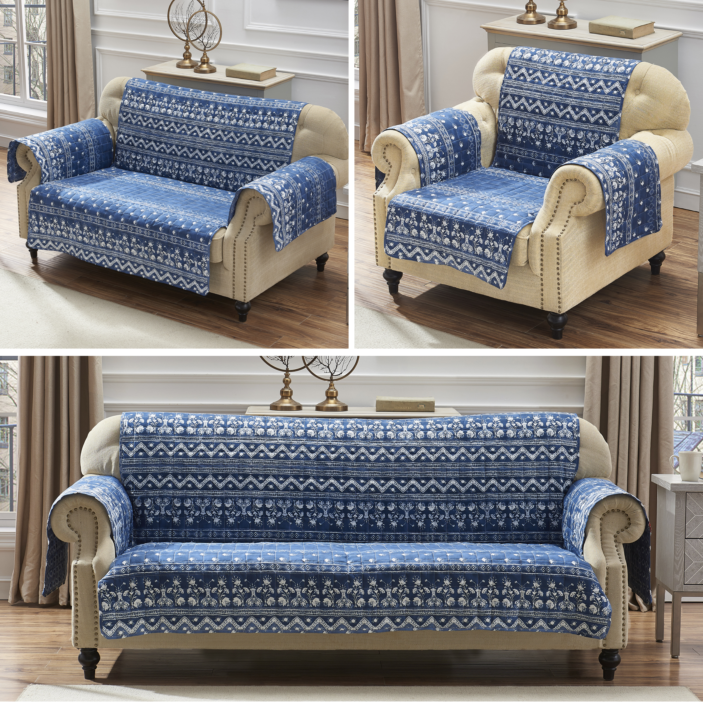 Barefoot Bungalow Phoenix Reversible Slipcover - Armchair Protector, Turquoise Southwestern Print, 81x81 Inches