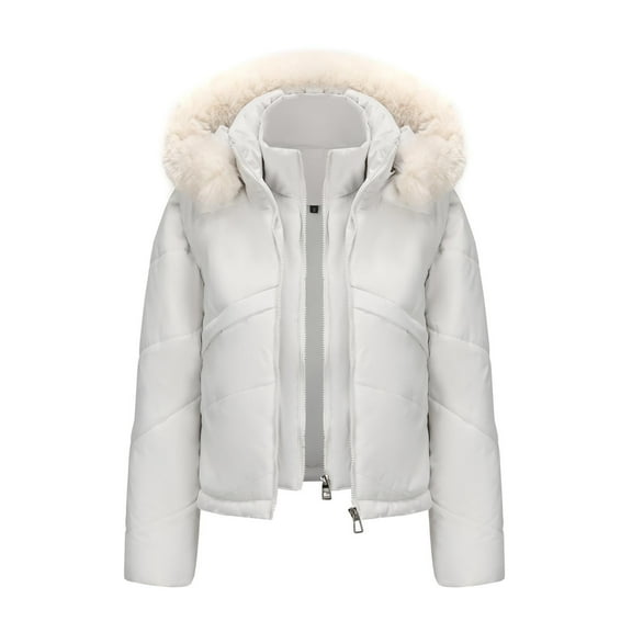 Winter Short Jackets for Women Dressy Warm Long Sleeve Zip Up Jacket with Fur Hood Y2K Solid Color Elastic Waist Streetwear Coat with Pockets