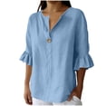 thumbnail image 2 of Naotn Ruffle 3/4 Sleeve Linen Shirts for Women Summer Casual Solid Color Button V Neck Tunic Tops, 2 of 7