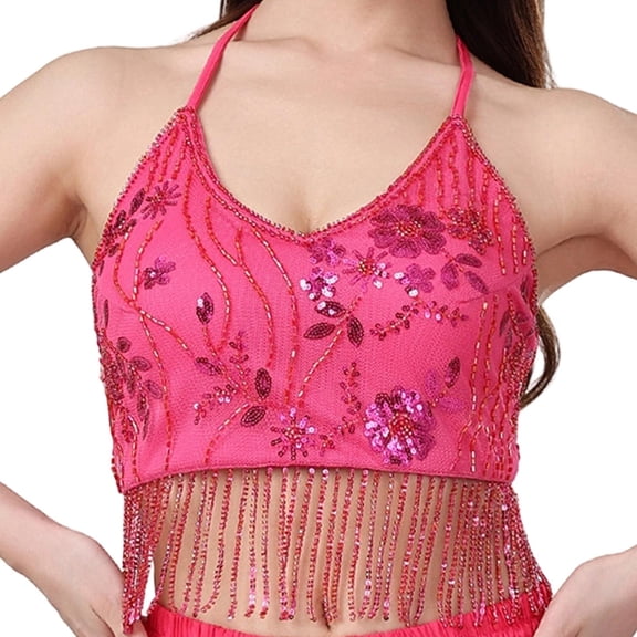 Belly Dance Crop Top Tassel Sequin Halter Adjustable Polyester Material for Women Party Performance Stage