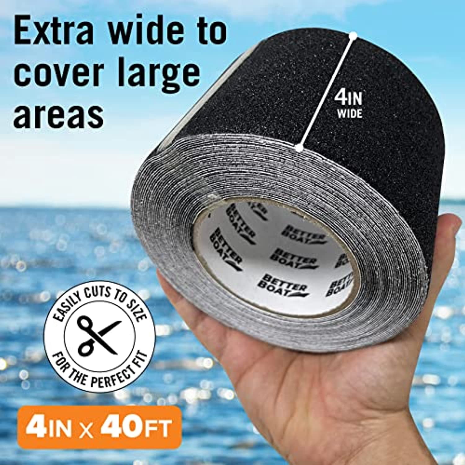 Better Boat Anti Slip Outdoor Stair Treads, Waterproof Non-Skid Grip, 4 Inch x 40 Foot Roll, Black