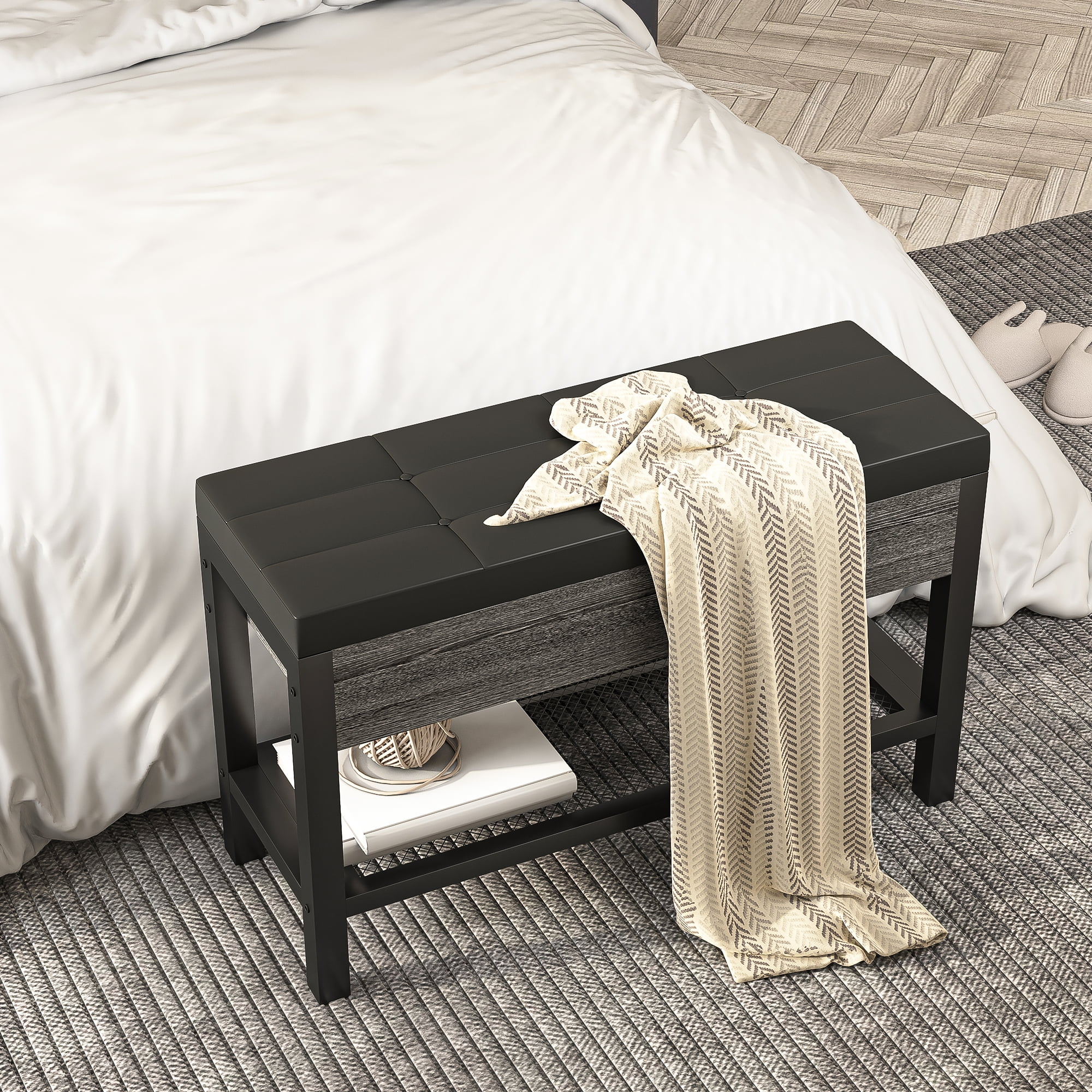 Kadyn Shoe Bench for Entryway, Modern Shoe Bench with Storage Box and Grid Shoe Shelf, Black Kadyn Shoe Bench for Entryway, Modern Shoe Bench with Storage Box and Grid Shoe Shelf, Black
