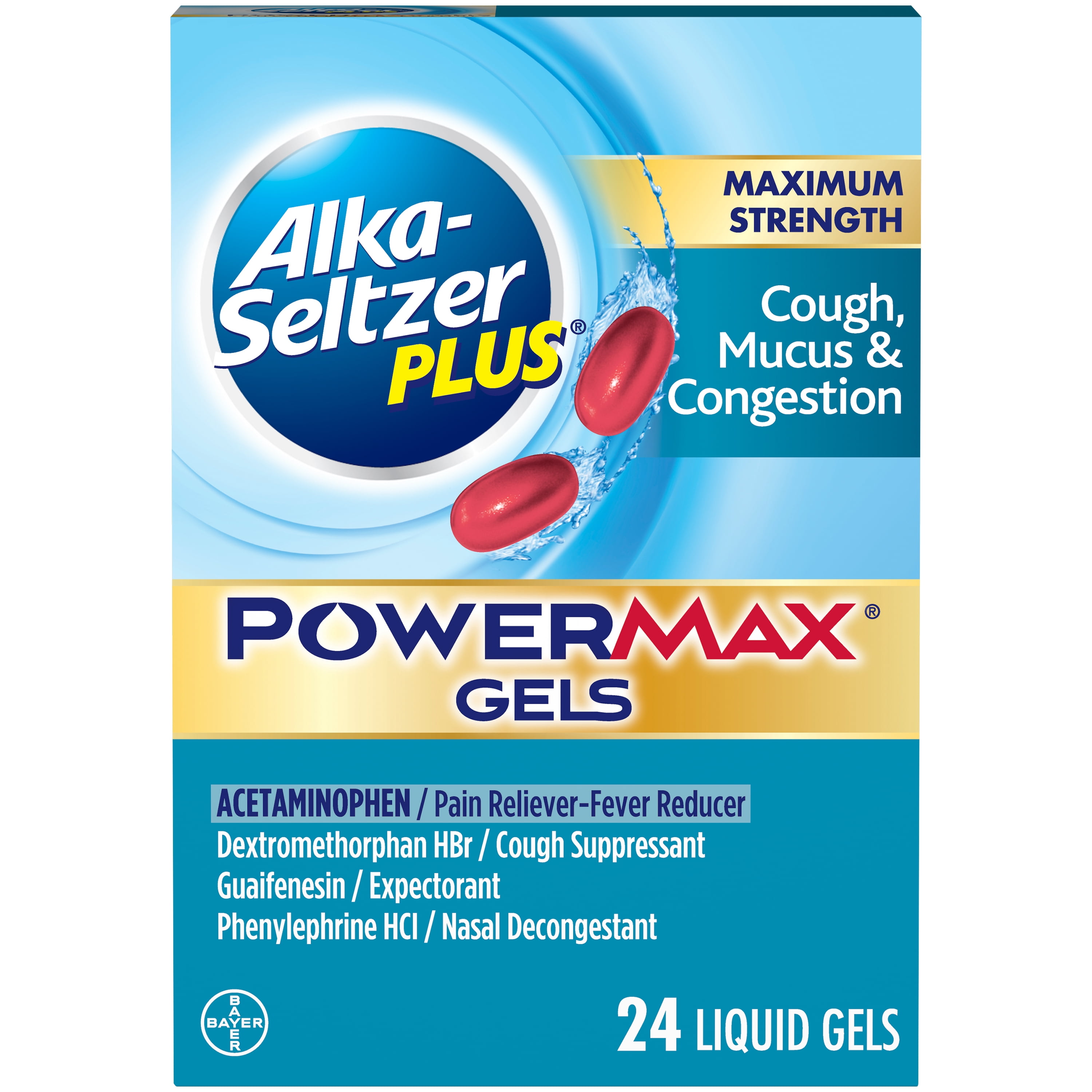 Alka-Seltzer Plus Maximum Strength Cough, Mucus & Congestion Medicine, Powermax Liquid Gels, 24 Count