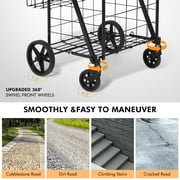 Naipo Folding Shopping Cart with Wheels and Double Basket Folding Utility Shopping Cart with Waterproof Removable Lining Portable Lightweight Trolley 180 LBS Capacity for Grocery Laundry