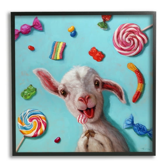 Stupell Industries Happy Sheep with Candy Animals & Insects Painting Black Framed Art Print Wall Art, 12 x 12