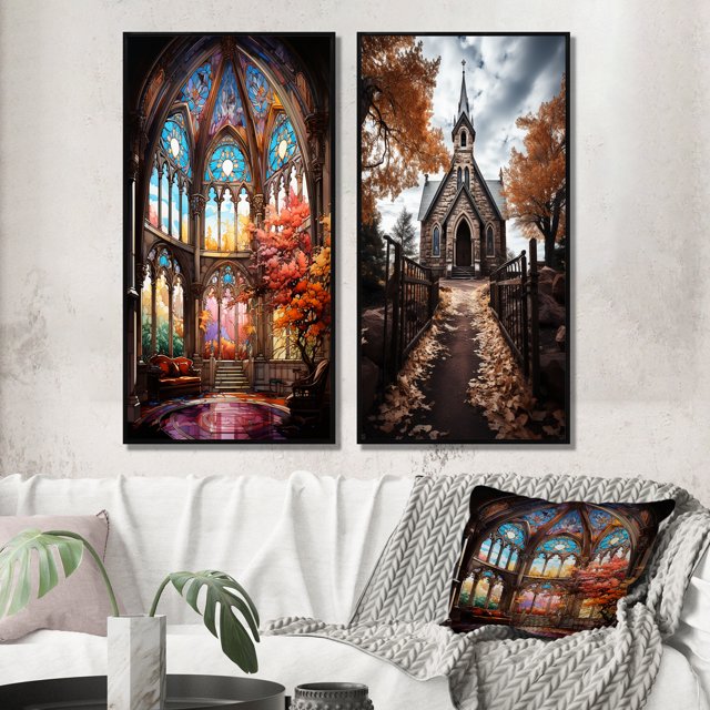 Designart « Glass Windows Church Stained wall decor II » Ensemble d'Art Mural Encadré pour Église, Ensemble de 2 - Ensemble d'Art Mural Encadré Spirituel Multicolore, Ensemble de 2