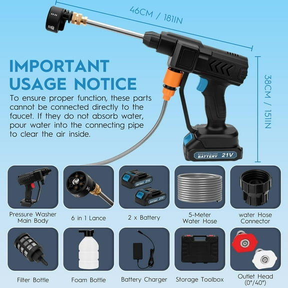 Cordless Pressure Washer, 6-in-1 Nozzle Portable Battery Powered Pressure Washer Handheld with 2*Battery Powered, Portable High Pressure Cordless Power Washer for Car/Floor/ Cleaning（Blue Black）