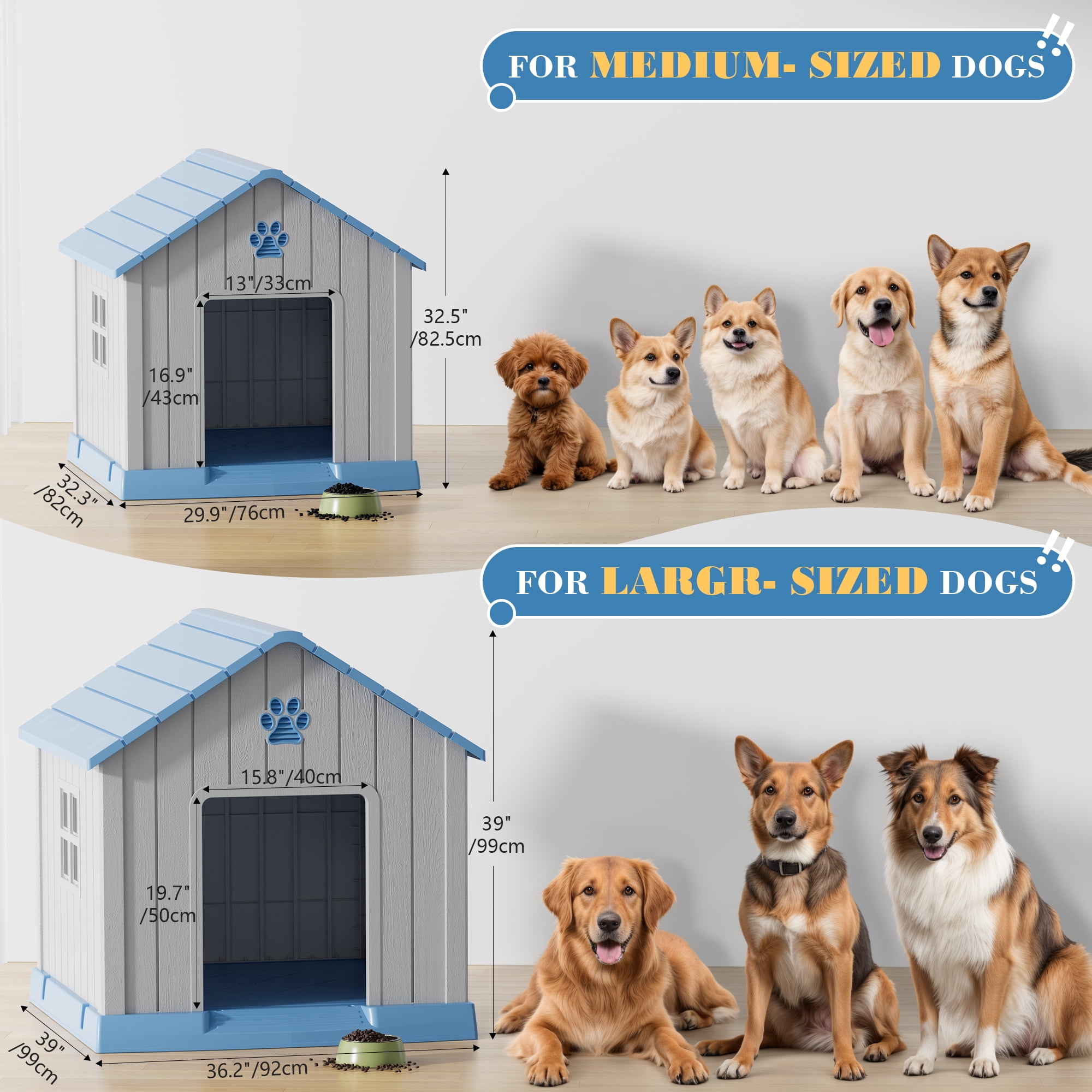 Bifanuo Durable Dog House, Indoor Outdoor Wateproof Doghouse, Pet Plastic Dog House for Small Medium Dogs,Grey and Blue ,31" L x 33.3" W x 33.5" H