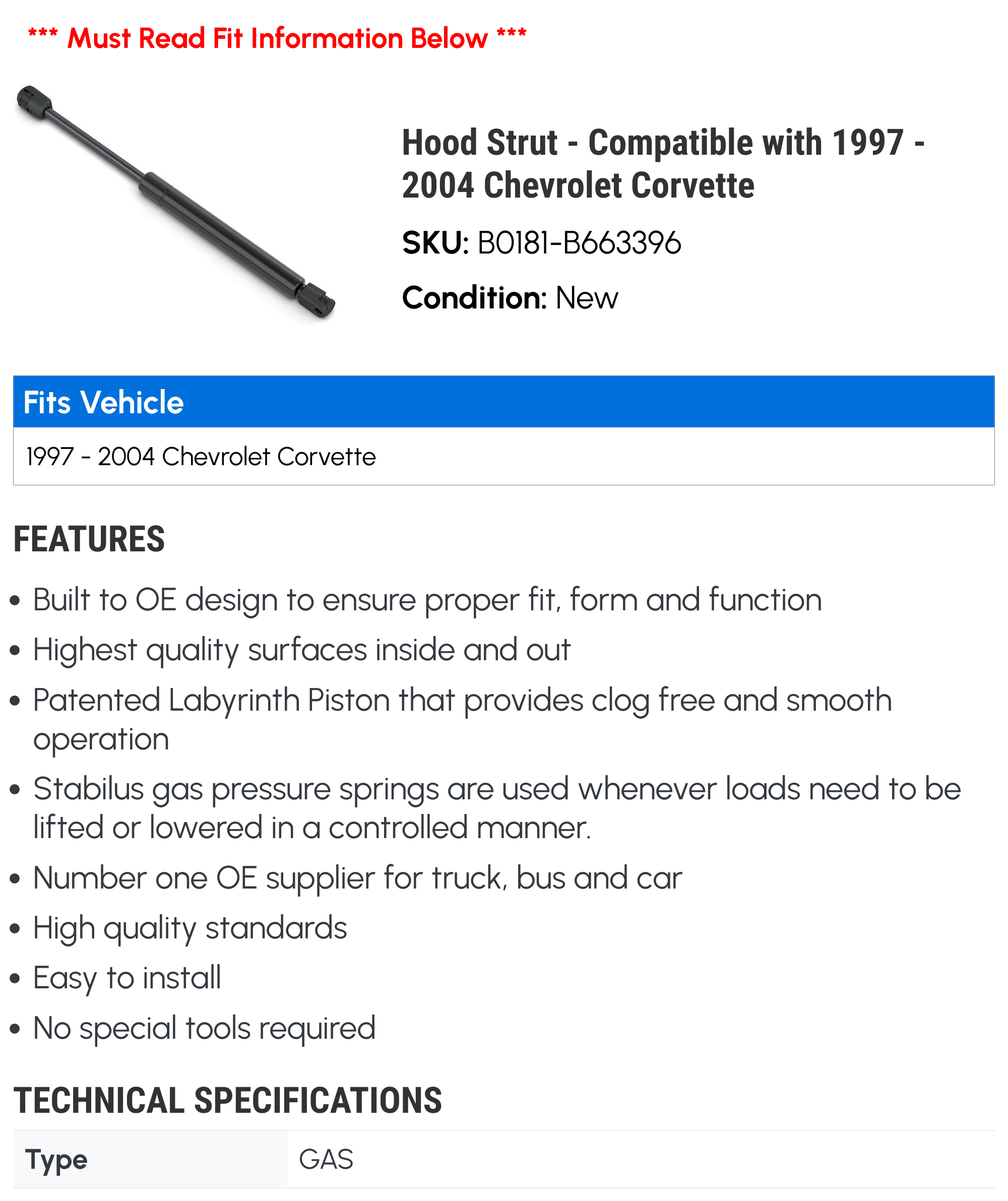 Hood Strut - Compatible with 1997 - 2004 Chevy Corvette 1998 1999 2000 2001 2002 2003