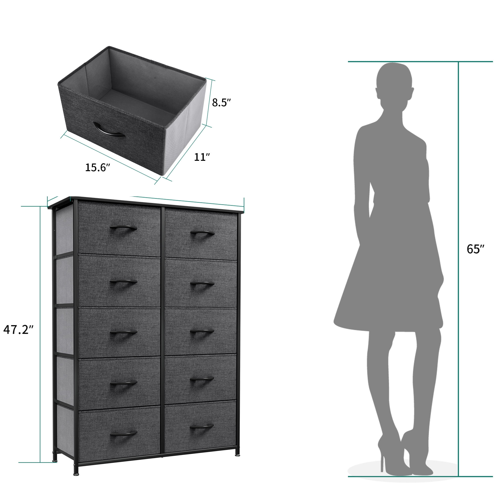Uforic 10 Drawer Dresser, Chest of Drawers for Bedroom Fabric Dressers Bedroom Organization Cabinet Fabric Containers Black Grey