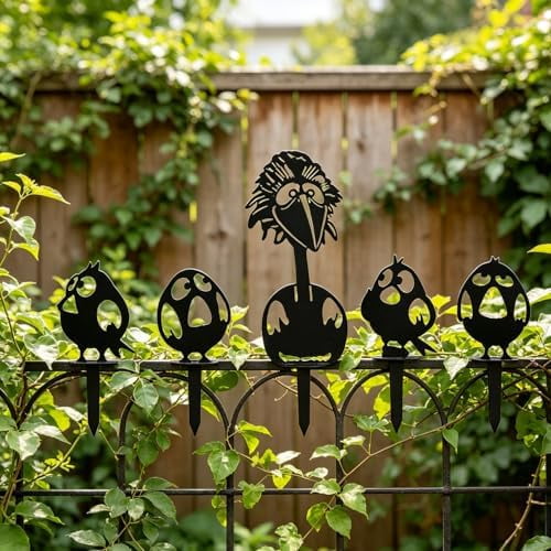 Bird Silhouettes Decoration, 5-Pack, Outdoor Wall Fence Decor, Rustic Garden Art, Black