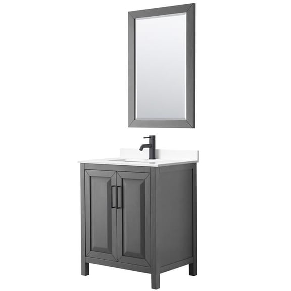 Wyndham Collection  0.75 x 30 x 22 in. Daria Single Bathroom Vanity with White Cultured Marble Countertop, Undermount Square Sink Matte Black Trim & 24 in. Mirror, Dark Gray