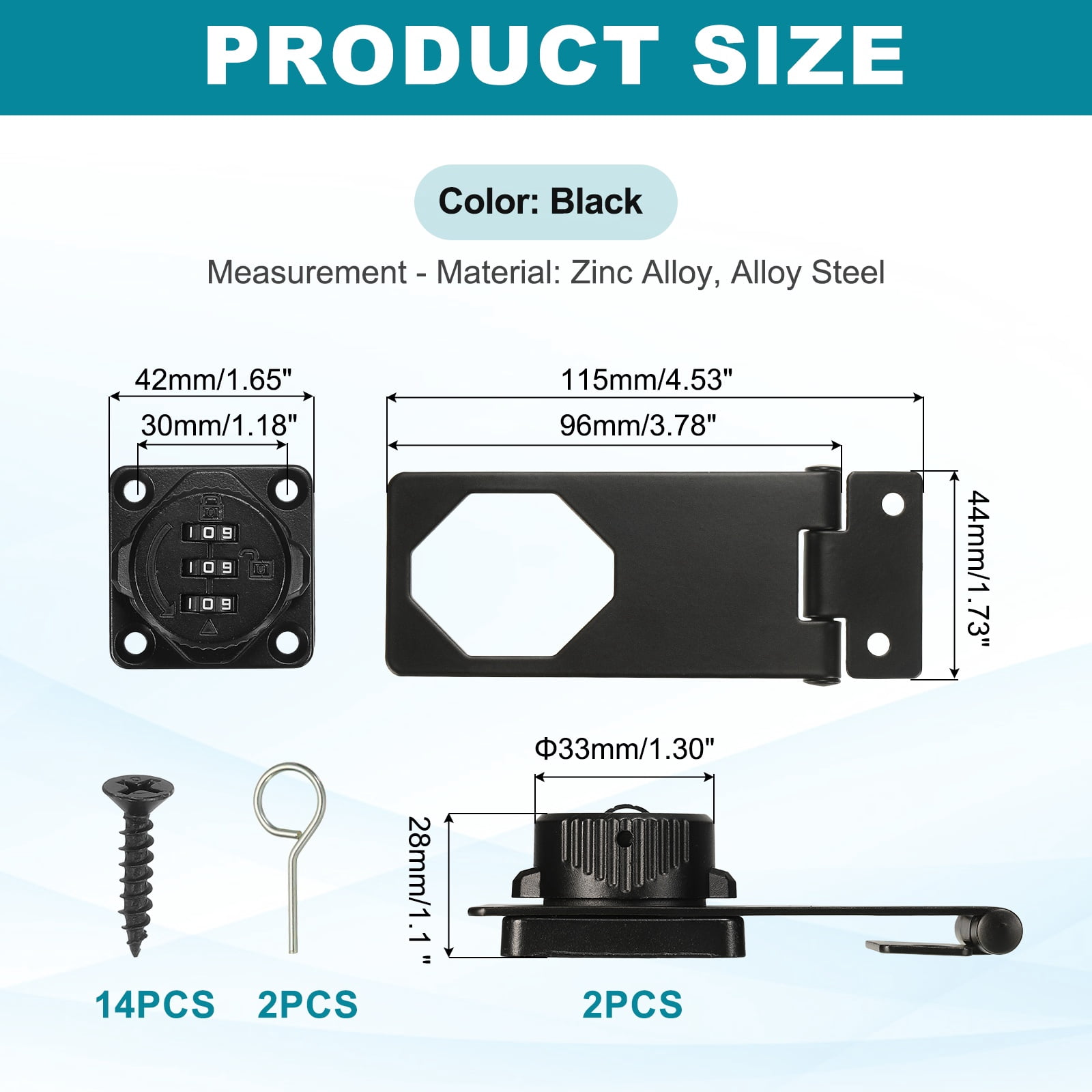 Uxcell Password Rotary Hasp Lock (4", Black) (2 Pcs), Keyless 3-Digit Cabinet Locks with Combination Security Slide Latch, Suit For- Door/Closet/Barn/Bathroom/Outdoor/Garden